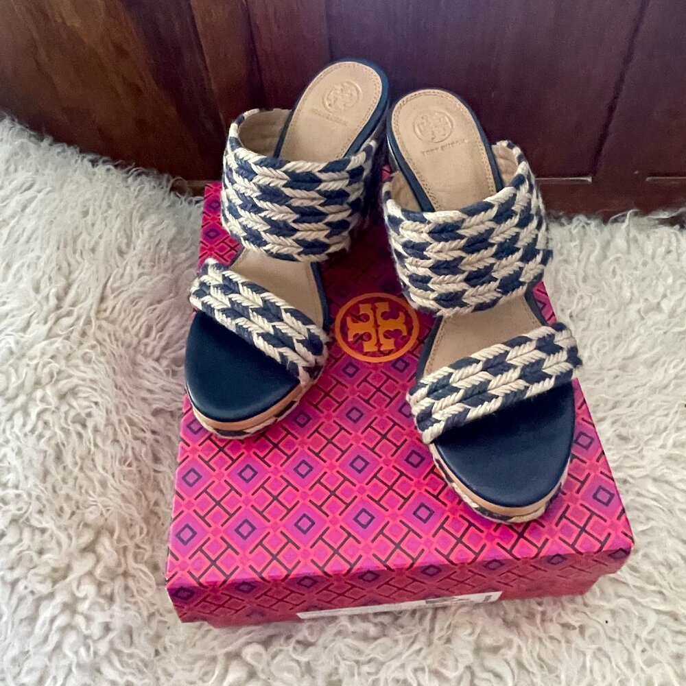 Tory Burch Lola Platform Jute Sandal, Size 10 1/2 Navy/Natural